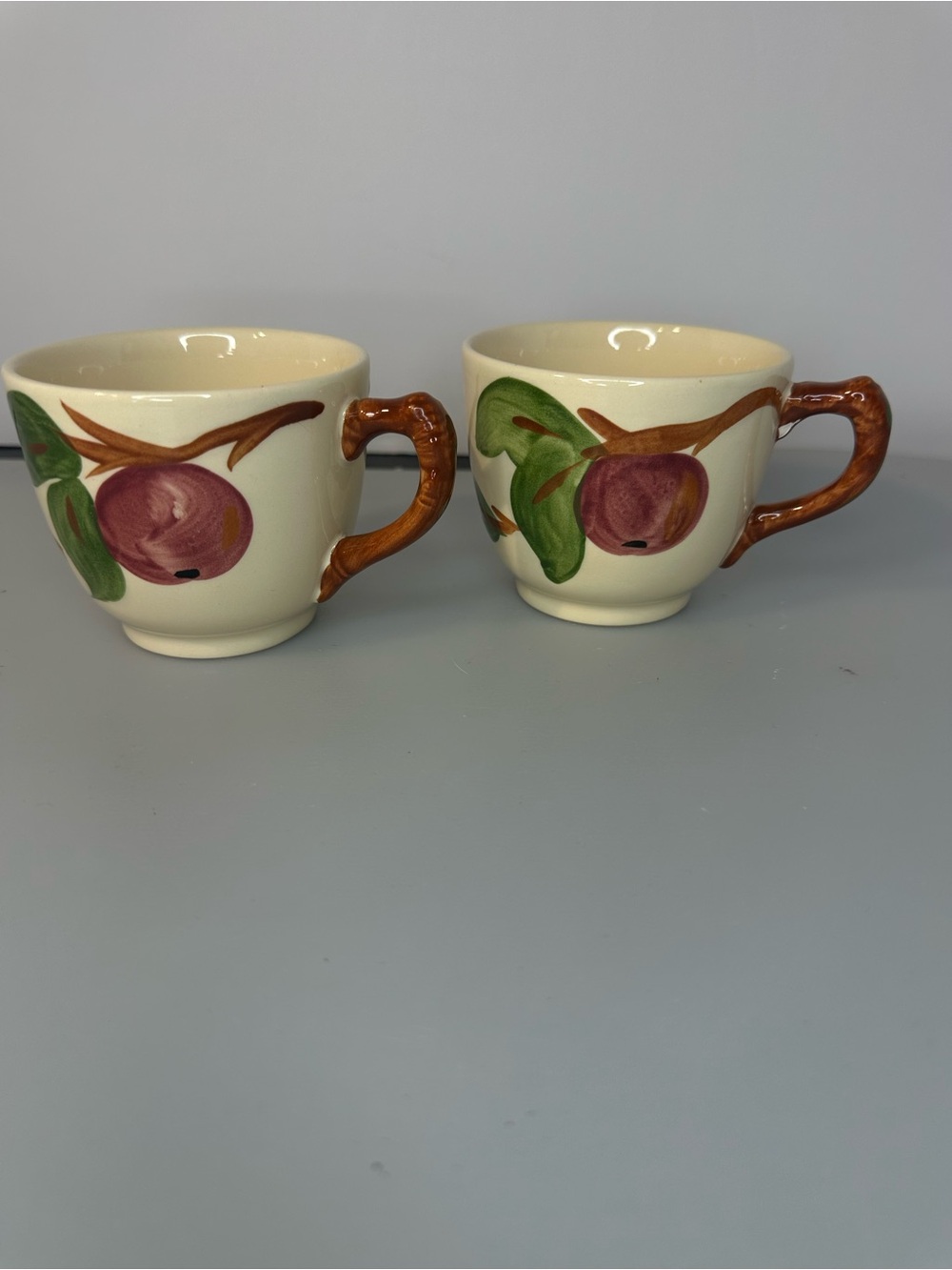 Franciscan AppleCream Mugs with Hand-Painted Fruit and Brown Handles - Pair
